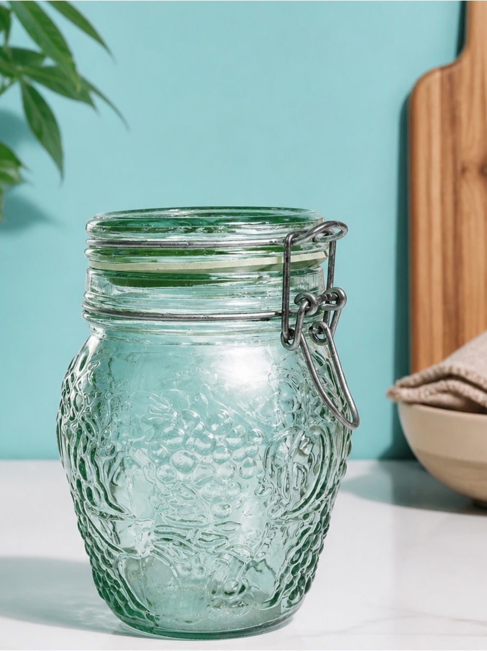 Vintage 1970s Green Glass Libbey Canada Embossed Fruit Storage Canister Jar